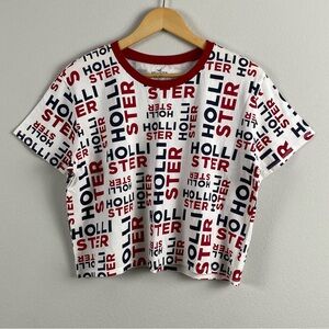 Hollister Graphic Logo Print Cropped Short Sleeve Tee | White/Red/Navy